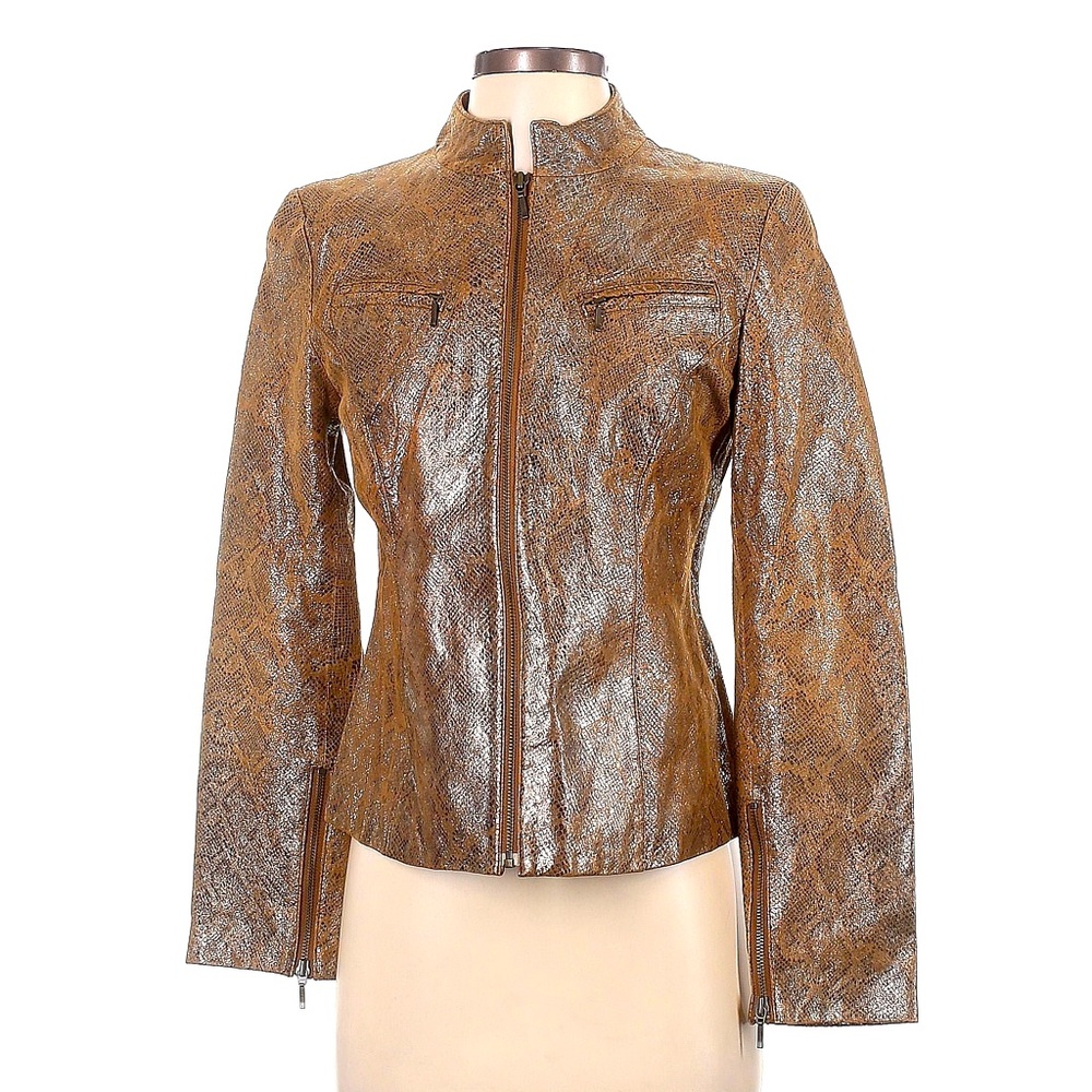 VS2 by VAKKO Snake Print Genuine Leather Zipper Jacket BROWN GOLD